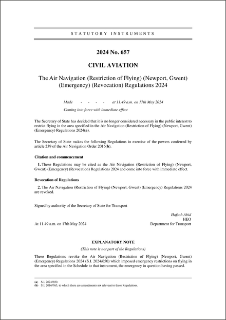 The Air Navigation (Restriction of Flying) (Newport, Gwent) (Emergency) (Revocation) Regulations 2024