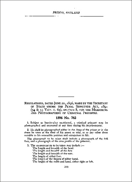 Regulations for the Measuring and Photographing of Criminal Prisoners (1896)