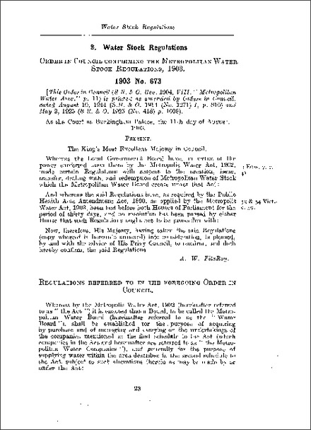 Order in Council confirming the Metropolitan Water Stock Regulations 1903
