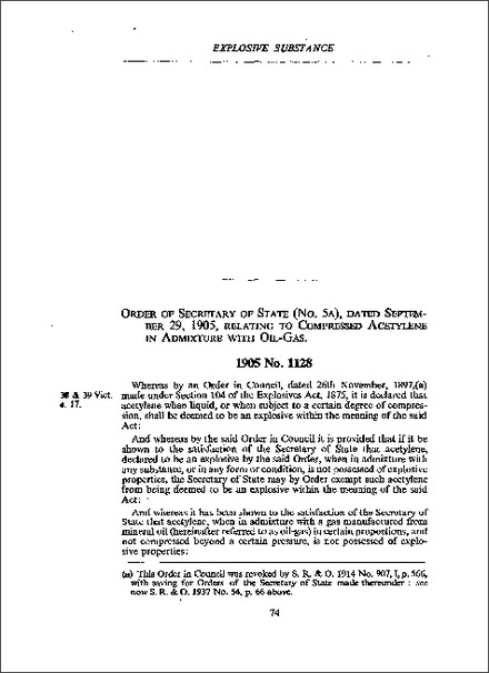 Order of Secretary of State (No 5A) relating to Compressed Acetylene in Admixture with Oil-Gas (1905)