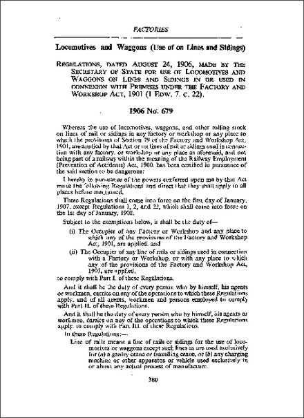 Regulations for use of Locomotives and Waggons on Lines and Sidings in or used in connection with Premises under the Factory and Workshop Act 1901 (1906)