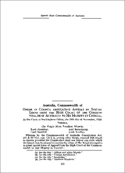 Order in Council regulating appeals by special leave from the High Court of the Commonwealth of Australia to His Majesty in Council (1910)