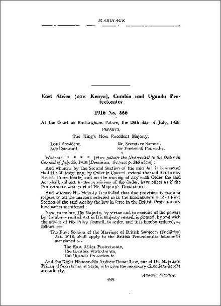Order applying s 1 of the Marriage of British Subjects (Facilities) Act 1915 to East Africa (now Kenya), Gambia and Uganda Protectorates (1916)