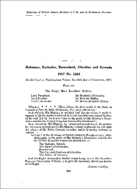 Order applying s 1 of the Marriage of British Subjects (Facilities) Act 1915 to the Bahamas, Barbados, Basutoland, Gibraltar and Grenada (1917)