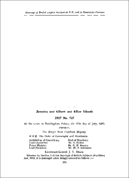 Order applying s 1 of the Marriage of British Subjects (Facilities) Act 1915 to Jamaica and the Gilbert and Ellice Islands (1917)