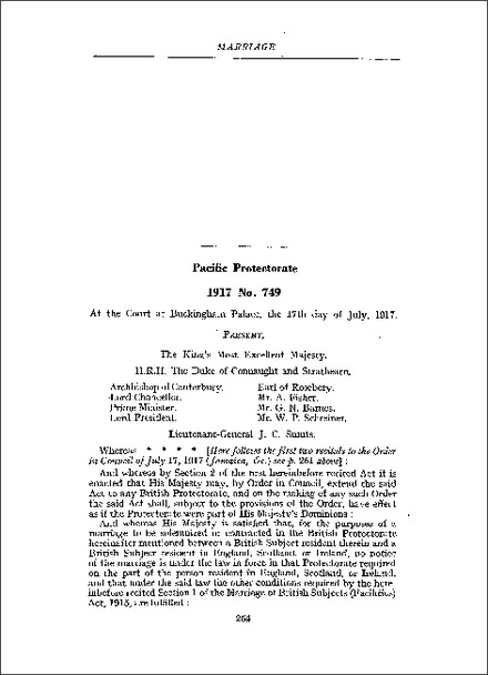 Order applying s 1 of the Marriage of British Subjects (Facilities) Act 1915 to the Pacific Protectorate (1917)