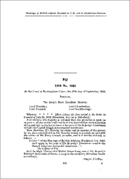 Order applying s 1 of the Marriage of British Subjects (Facilities) Act 1915 to Fiji (1918)