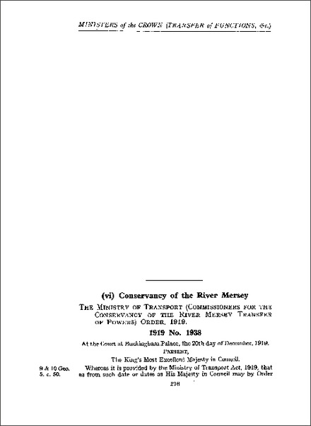 Ministry of Transport (Commissioners for the Conservancy of the River Mersey Transfer of Powers) Order 1919