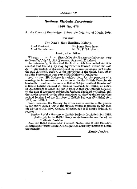 Order applying s 1 of the Marriage of British Subjects (Facilities) Act 1915 to Northern Rhodesia (1919)