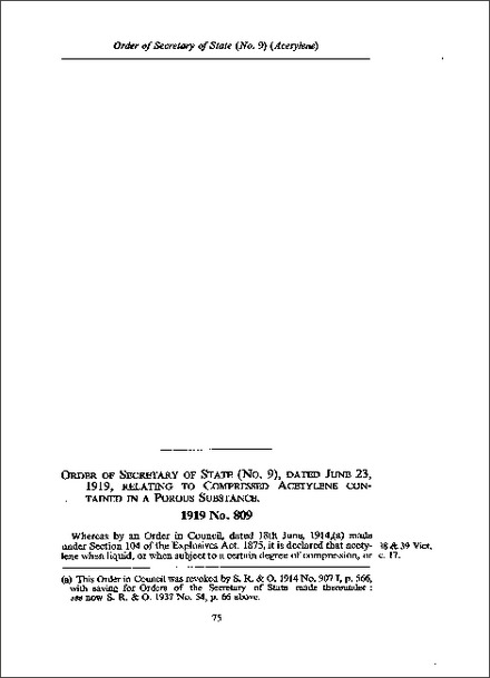Order of Secretary of State (No 9) relating to Compressed Acetylene contained in a Porous Substance (1919)