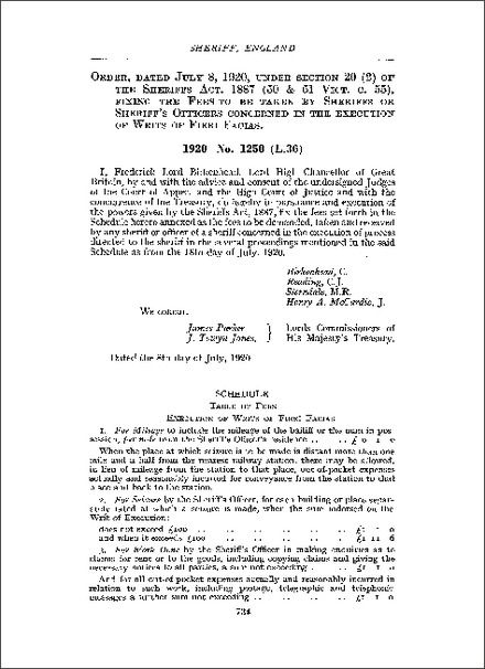 Order as to Fees for Execution of Writs of Fieri Facias (1920)