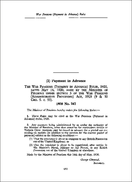 War Pensions (Payment in Advance) Rules 1920