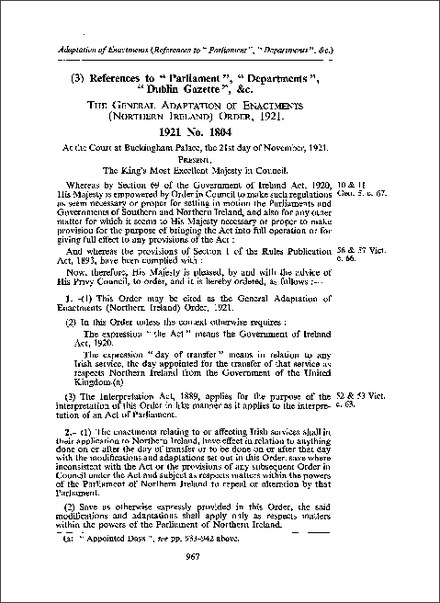 General Adaptation of Enactments (Northern Ireland) Order 1921