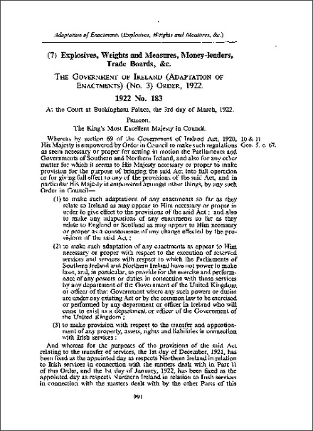 Government of Ireland (Adaptation of Enactments) (No 3) Order 1922