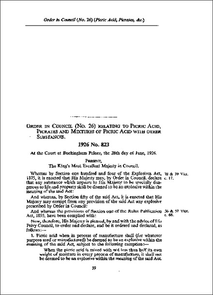 Order in Council (No 26) Relating to Picric Acid, Picrates and Mixtures of Picric Acid with other substances (1926)