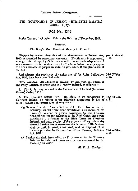 Government of Ireland (Intestates Estates) Order 1927