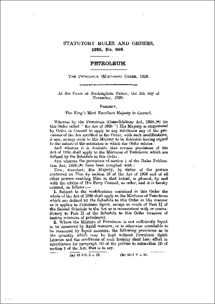 The Petroleum (Mixtures) Order, 1929
