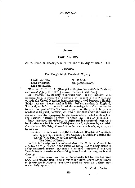 Order in Council applying s 1 of the Marriage of British Subjects (Facilities) Act 1915 to Jersey (1930)