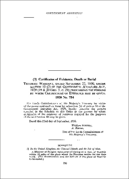 Treasury Warrant under s 10(2) of the Government Annuities Act 1929, prescribing the persons by whom Certificates of Existence may be given (1930)