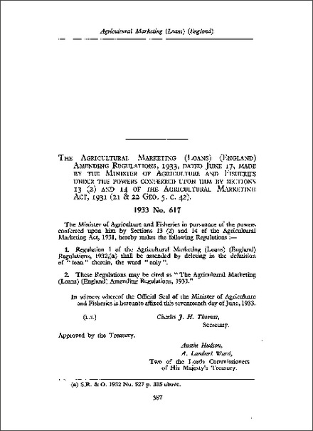 Agricultural Marketing (Loans) (England) Amending Regulations 1933