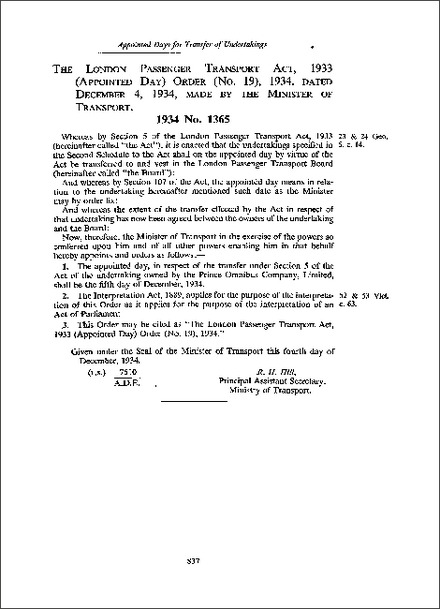 London Passenger Transport Act 1933 (Appointed Day) Order (No 19) 1934