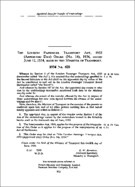 London Passenger Transport Act 1933 (Appointed Day) Order (No 14) 1934
