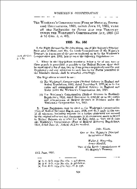Workmen's Compensation (Fees of Medical Referees) Regulations 1935