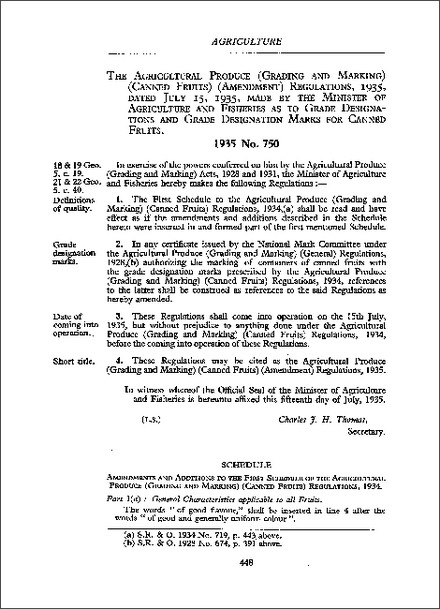 Agricultural Produce (Grading and Marking) (Canned Fruits) (Amendment) Regulations 1935