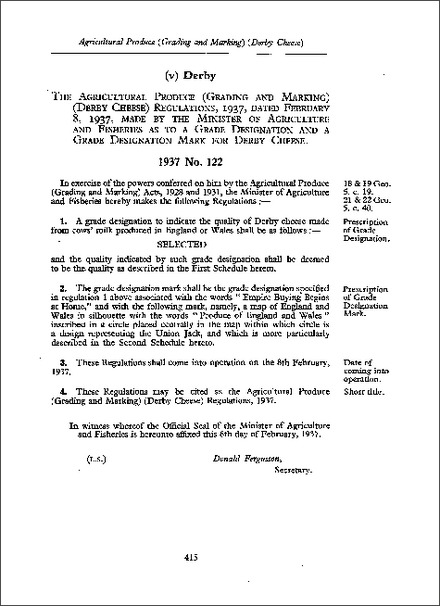 Agricultural Produce (Grading and Marking) (Derby Cheese) Regulations 1937