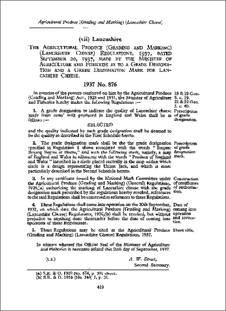 Agricultural Produce (Grading and Marking) (Lancashire Cheese) Regulations 1937