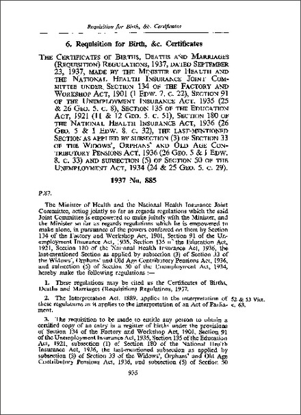 Certificates of Births, Deaths and Marriages (Requisition) Regulations 1937