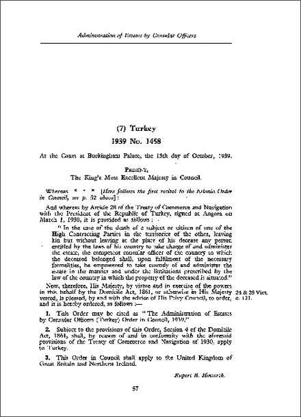 Administration of Estates by Consular Officers (Turkey) Order in Council 1939