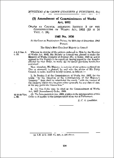 Commissioners of Works Act 1852 (Amendment) Order 1945