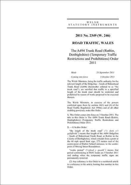 The A494 Trunk Road (Ruthin, Denbighshire) (Temporary Traffic Restrictions and Prohibitions) Order 2011
