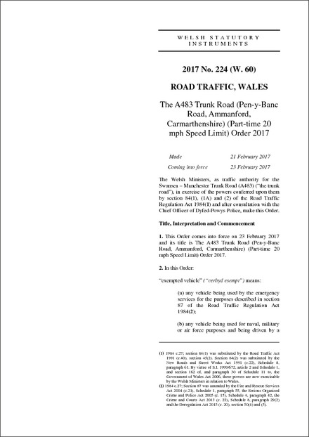 The A483 Trunk Road (Pen-y-Banc Road, Ammanford, Carmarthenshire) (Part-time 20 mph Speed Limit) Order 2017