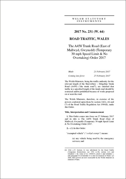 The A458 Trunk Road (East of Mallwyd, Gwynedd) (Temporary 30 mph Speed Limit & No Overtaking) Order 2017