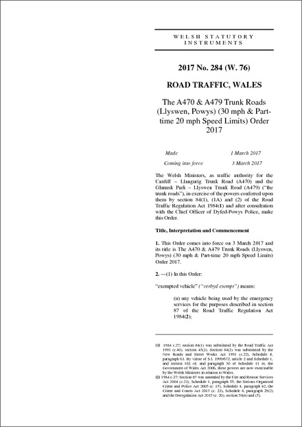 The A470 & A479 Trunk Roads (Llyswen, Powys) (30 mph & Part-time 20 mph Speed Limits) Order 2017