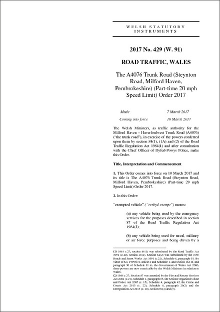The A4076 Trunk Road (Steynton Road, Milford Haven, Pembrokeshire) (Part-time 20 mph Speed Limit) Order 2017