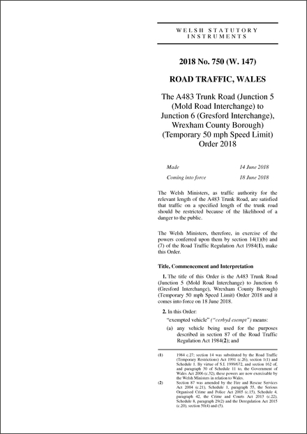 The A483 Trunk Road (Junction 5 (Mold Road Interchange) to Junction 6 (Gresford Interchange), Wrexham County Borough) (Temporary 50 mph Speed Limit) Order 2018
