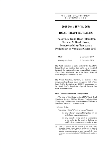 The A4076 Trunk Road (Hamilton Terrace, Milford Haven, Pembrokeshire) (Temporary Prohibition of Vehicles) Order 2019