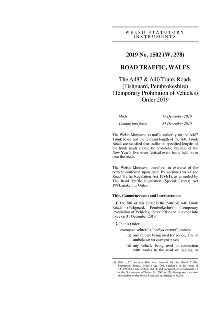 The A487 & A40 Trunk Roads (Fishguard, Pembrokeshire) (Temporary Prohibition of Vehicles) Order 2019