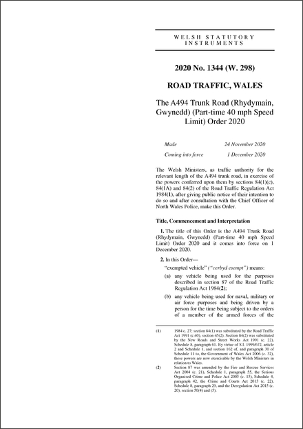 The A494 Trunk Road (Rhydymain, Gwynedd) (Part-time 40 mph Speed Limit) Order 2020