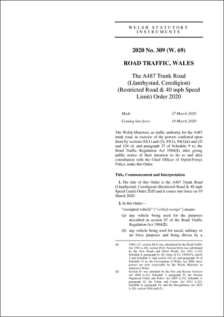 The A487 Trunk Road (Llanrhystud, Ceredigion) (Restricted Road & 40 mph Speed Limit) Order 2020