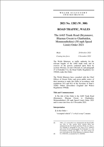 The A465 Trunk Road (Brynmawr, Blaenau Gwent to Glanbaiden, Monmouthshire) (50 mph Speed Limit) Order 2021