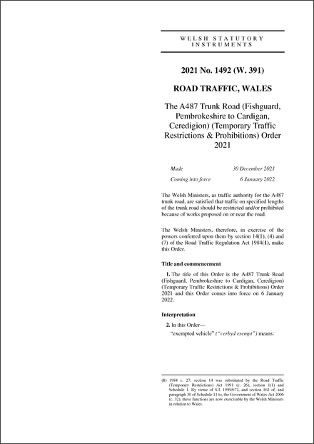 The A487 Trunk Road (Fishguard, Pembrokeshire to Cardigan, Ceredigion) (Temporary Traffic Restrictions & Prohibitions) Order 2021