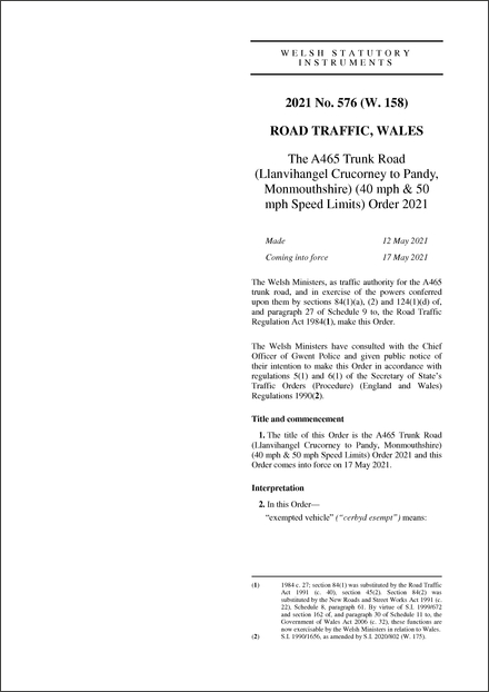 The A465 Trunk Road (Llanvihangel Crucorney to Pandy, Monmouthshire) (40 mph & 50 mph Speed Limits) Order 2021