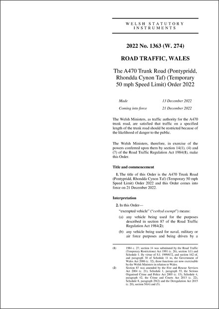 The A470 Trunk Road (Pontypridd, Rhondda Cynon Taf) (Temporary 50 mph Speed Limit) Order 2022