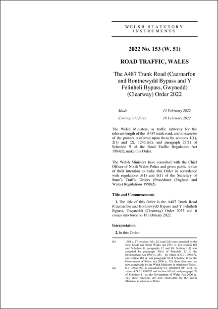 The A487 Trunk Road (Caernarfon and Bontnewydd Bypass and Y Felinheli Bypass, Gwynedd) (Clearway) Order 2022