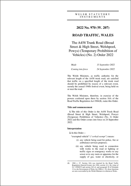 The A458 Trunk Road (Broad Street & High Street, Welshpool, Powys) (Temporary Prohibition of Vehicles) (No. 2) Order 2022