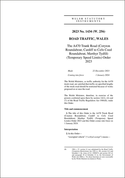 The A470 Trunk Road (Coryton Roundabout, Cardiff to Cefn Coed Roundabout, Merthyr Tydfil) (Temporary Speed Limits) Order 2023